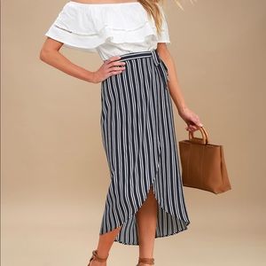 BLUE AND WHITE STRIPED WRAP MIDI SKIRT, SMALL